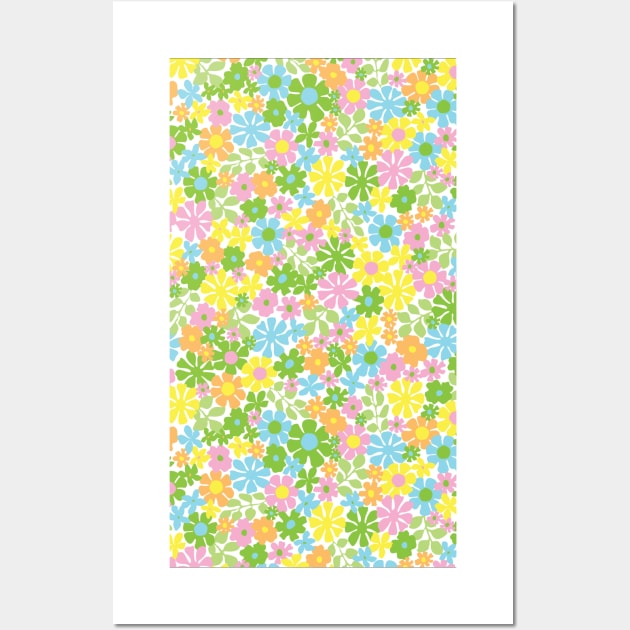 RETRO FLORAL PATTERN 70S GROOVY PASTEL PINK YELLOW GREEN BLUE FLOWER MARKET SCANDINAVIAN MEADOW MIDSOMMAR Wall Art by blomastudios